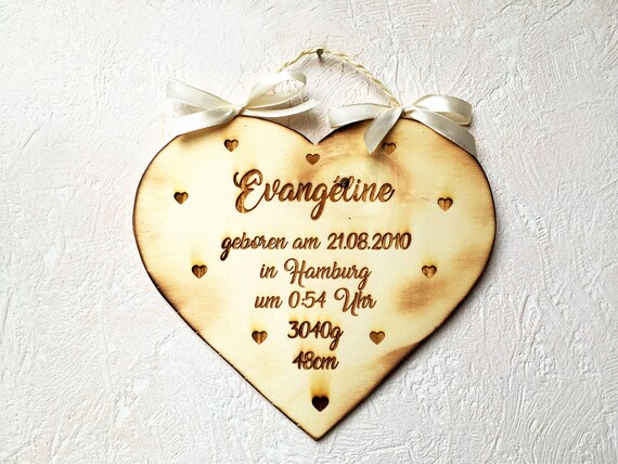 Geburtstafel personalisiert mit Name / Herztafel aus Holz / Geburtsgeschenk / Taufgeschenk / Babygeschenk personalisiert