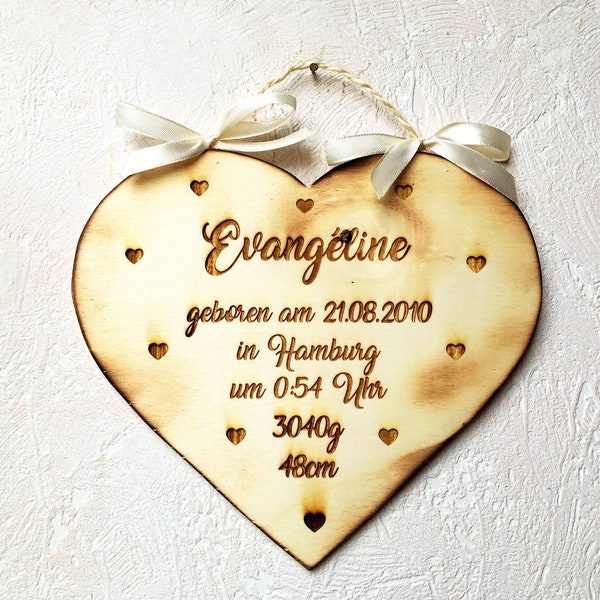 Geburtstafel "Evangeline" Vintage / Herztafel aus Holz / Geburtsgeschenk / Taufgeschenk / Babygeschenk personalisiert