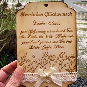 Birthday card with dried flowers personalized with text of your choice, made of wood. 12x18 cm image 3