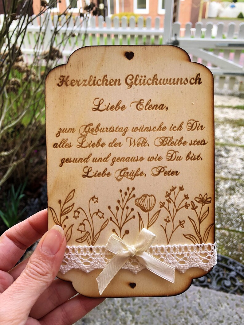 Birthday card with dried flowers personalized with text of your choice, made of wood. 12x18 cm image 3