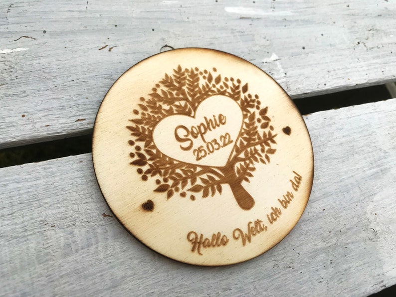 Wooden milestone disc personalized with name and dates of birth, round / Boho wooden name plate / Wooden card for the birth image 6