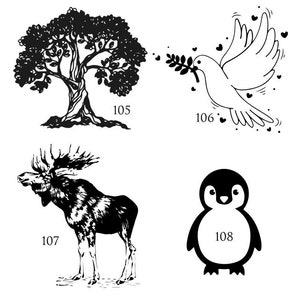 May include: Black and white illustrations of a tree, a dove with an olive branch, a moose, and a penguin. The illustrations are numbered 105, 106, 107, and 108.