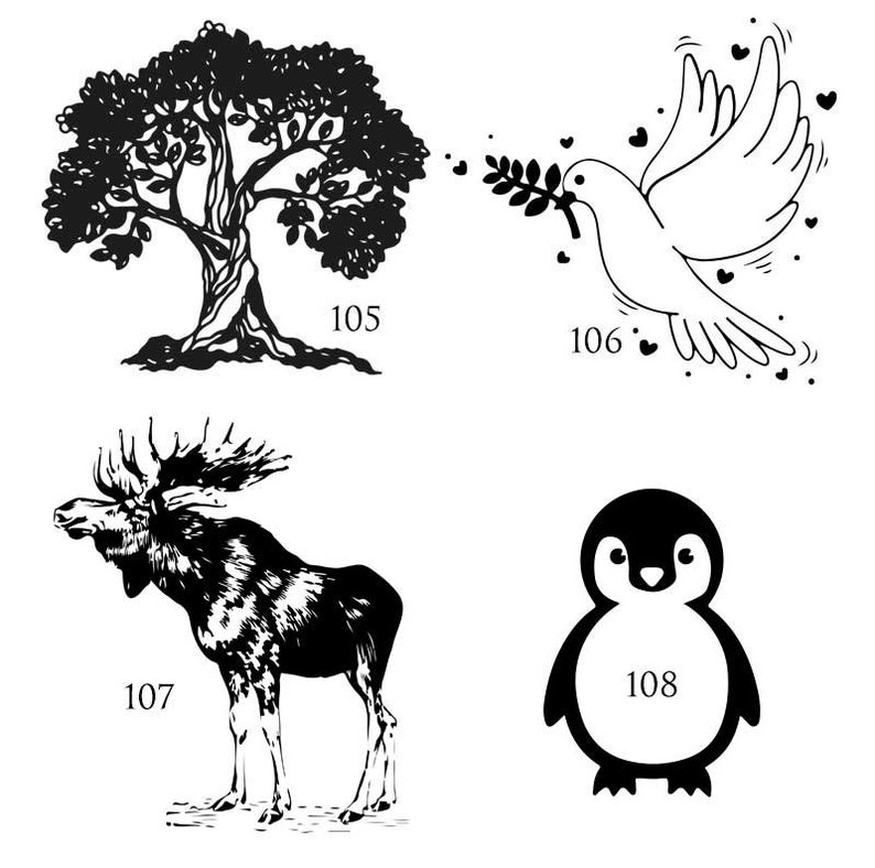 May include: Black and white illustrations of a tree, a dove with an olive branch, a moose, and a penguin. The illustrations are numbered 105, 106, 107, and 108.