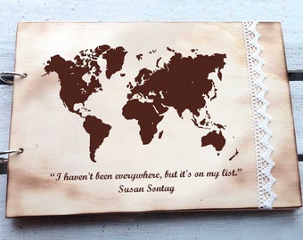 A4 Fotoalbum &quot;Weltkarte&quot; aus Holz graviert mit Spruch / Fotoalbum Vintage / Fotoalbum aus Holz für Reiseerinnerungen / Album mit Gravur