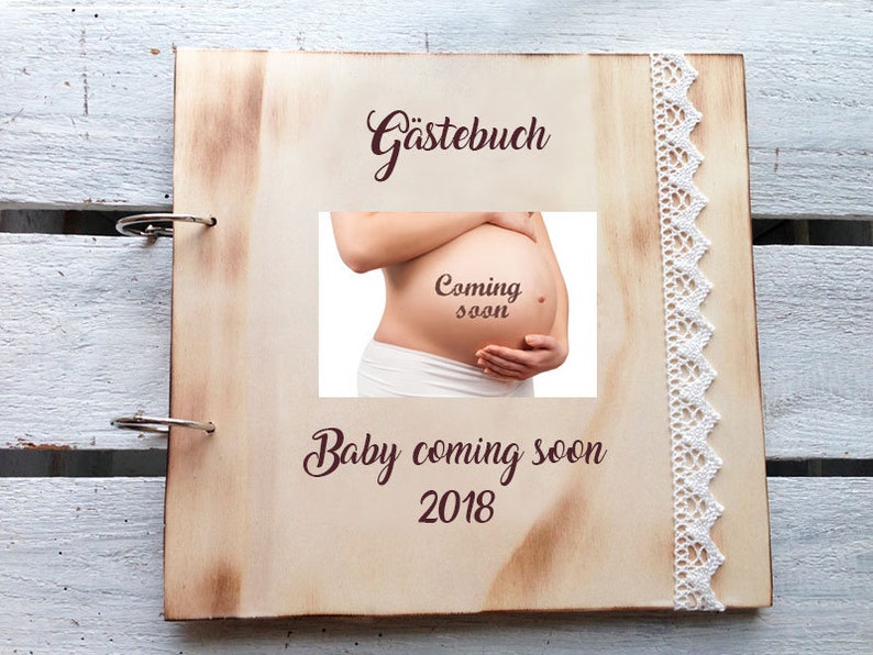 Gästebuch aus Holz zur Taufe personalisiert mit Foto und Gravur / Babybuch aus Holz graviert / Gästebuch zur Babyparty / Fotoalbum Vintage Bild 1