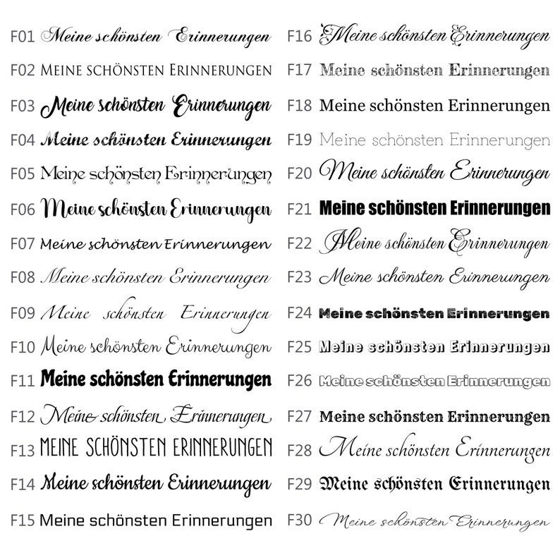 May include: A black and white image of 30 numbered lines of text. Each line contains the phrase "Meine sch&ouml;nsten Erinnerungen" which translates to "My most beautiful memories" in English. The text is written in a cursive font.