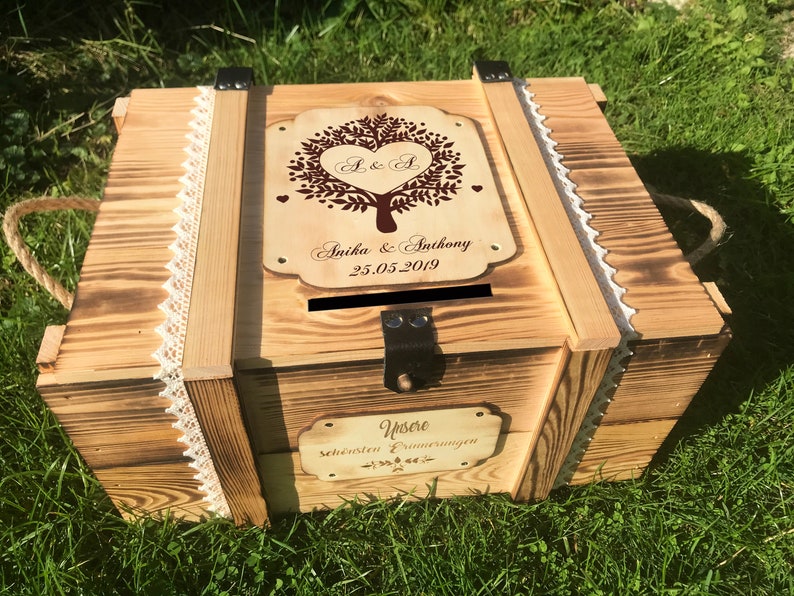 Memory box, personalized with engraving, motif, text for special occasion / gift box / wedding box / birth or christening box / storage box Mit Schlitz