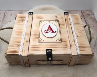 Personalized wooden sewing box with hand-embroidered initial - storage box for sewing, embroidery, and knitting - wooden sewing box