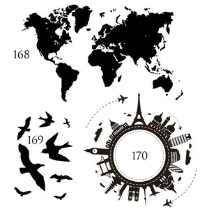May include: Black and white illustration of a world map with the number 168, a circle with the number 170, and a circle with the number 169 surrounded by birds.