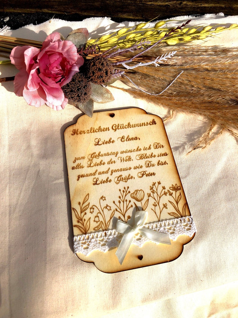 Birthday card with dried flowers personalized with text of your choice, made of wood. 12x18 cm image 1