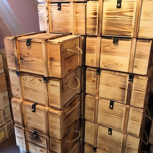 Wooden boxes with or without lids, flamed with two hemp rope handles each, Large storage boxes, Large wooden boxes, Remaining stock offer