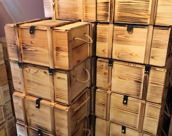 Wooden boxes without lid, flamed with two hemp rope handles each / large storage boxes / remaining stock offer