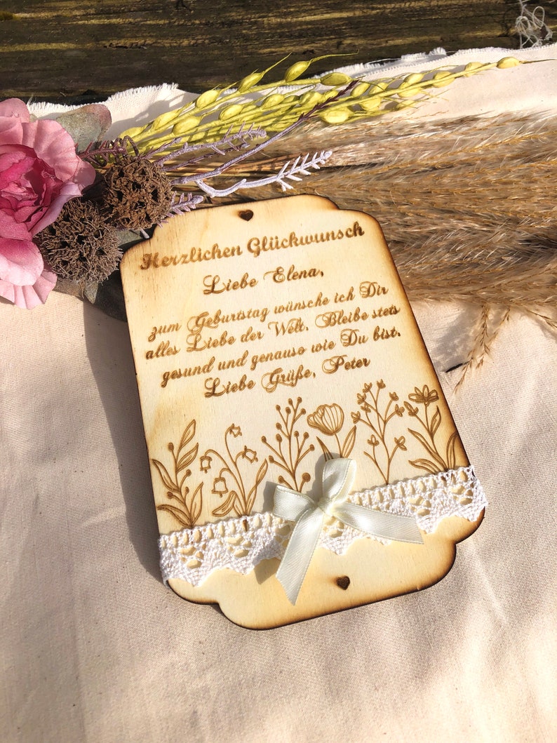 Birthday card with dried flowers personalized with text of your choice, made of wood. 12x18 cm image 4