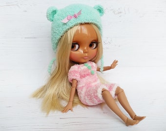 Blythe doll plush outfit "Mint-Pink Bear", Blythe clothes, Blythe overall, Blythe outfit, Blythe Dress, Clothes for blythe