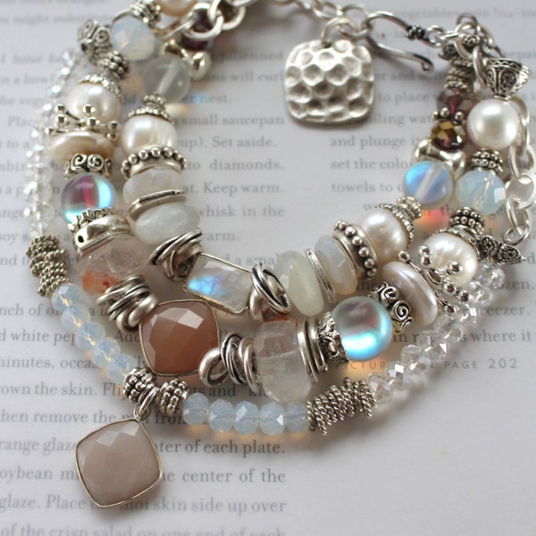 bracelet, rainbow moonstone bracelet, moonstone bracelet, pearl bracelet, bohemian bracelet, christmas for her, teacher gifts