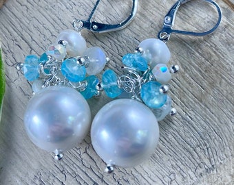 earrings, leverback earrings, Rainbow moonstone jewelry, moonstone earrings, aquamarine earrings, pearl jewelry, artisan earring