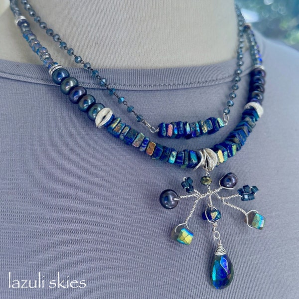 necklace, Lapis lazuli necklace, lapis necklace, pearl jewelry, lapis jewelry, artisan necklace, Christmas for jewelry, Black Friday sale