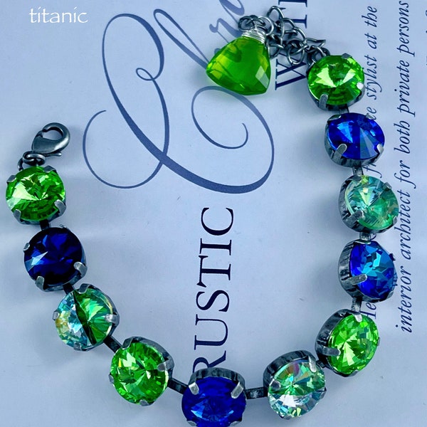 bracelet, rhinestone bracelet, peridot bracelet, rhinestone jewelry, crystal bracelet, 12 mm cut, peridot crystal, sapphire crystal, topaz