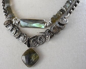necklace, labradorite necklace, gray necklace, boho chic necklace, bohemian necklace, coin necklace, christmas for her, gifts for her