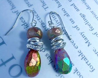 Artisan Sunstone Earrings: Mystic Teardrop Dangle, Wire Wrapped