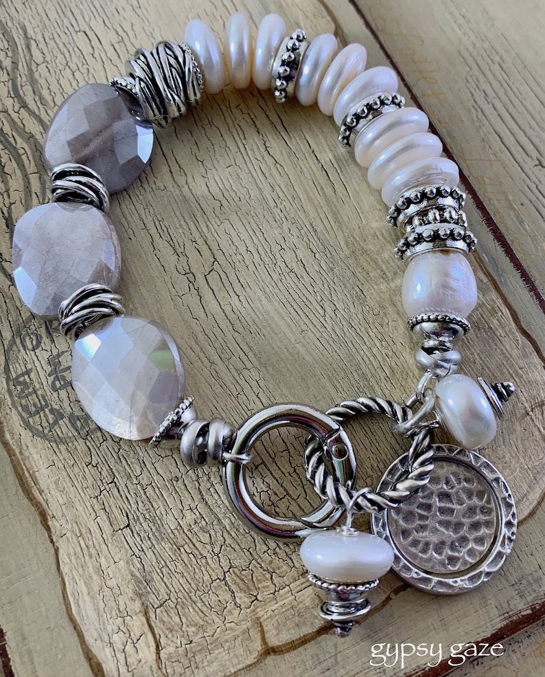 pearl bracelet artisan bracelet boho chic bracelet gift for her bracelet lobster closure chalcedony bracelet lobster claw bracelet