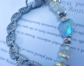 bracelet, Rainbow moonstone bracelet, cz chain bracelet, cz lobster closure, moonstone bracelet, moonstone jewelry, Mother's Day, for her