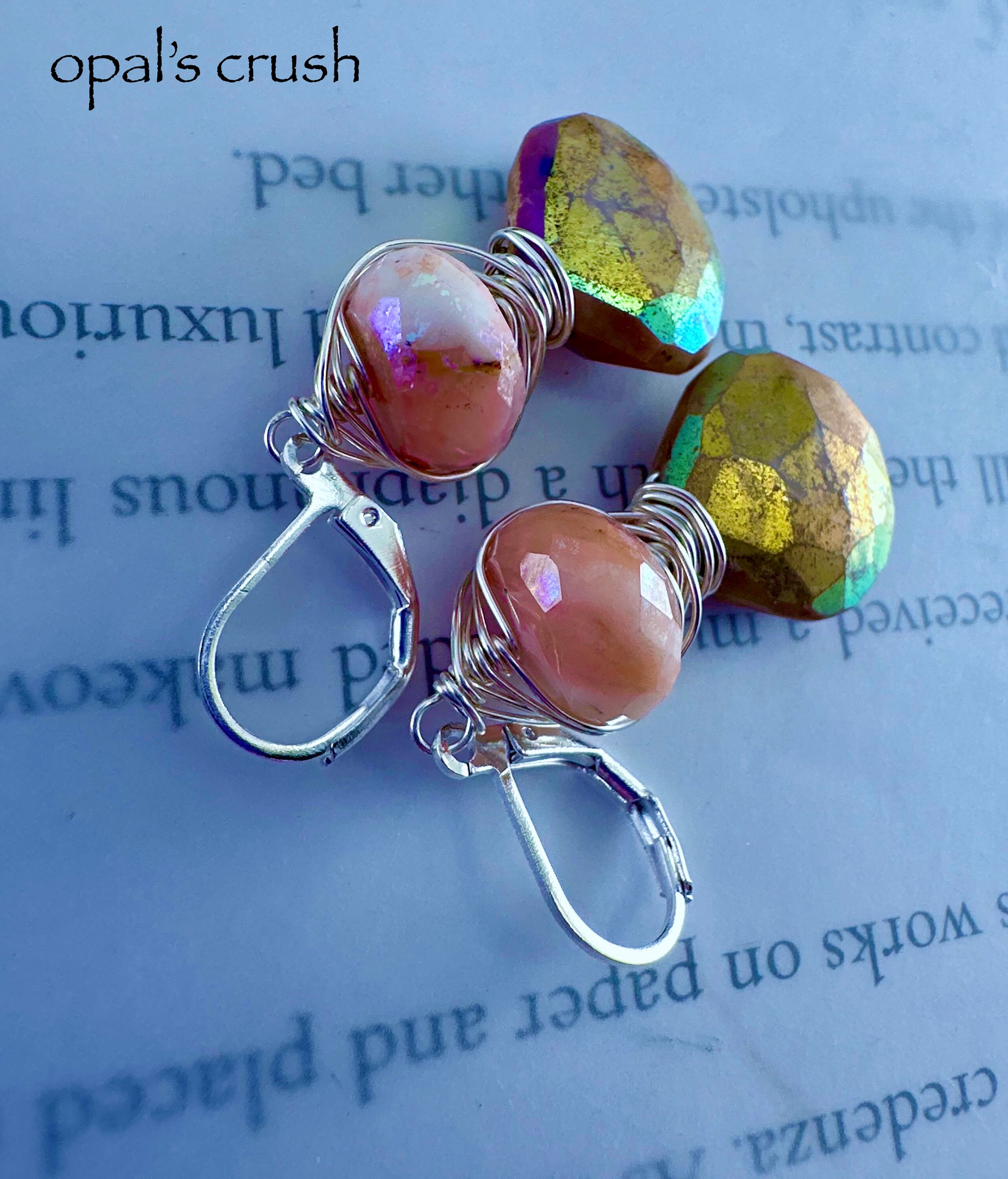 earrings, leverback earrings, pink opal earrings, pink opal jewelry, opal jewelry, earrings, artisan earrings, pink opal, Christmas for her