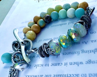 bracelet, aquamarine bracelet, lobster closure, pearl bracelet, aquamarine jewelry, floral charm, opal bracelet, toggle, aquamarine, opal