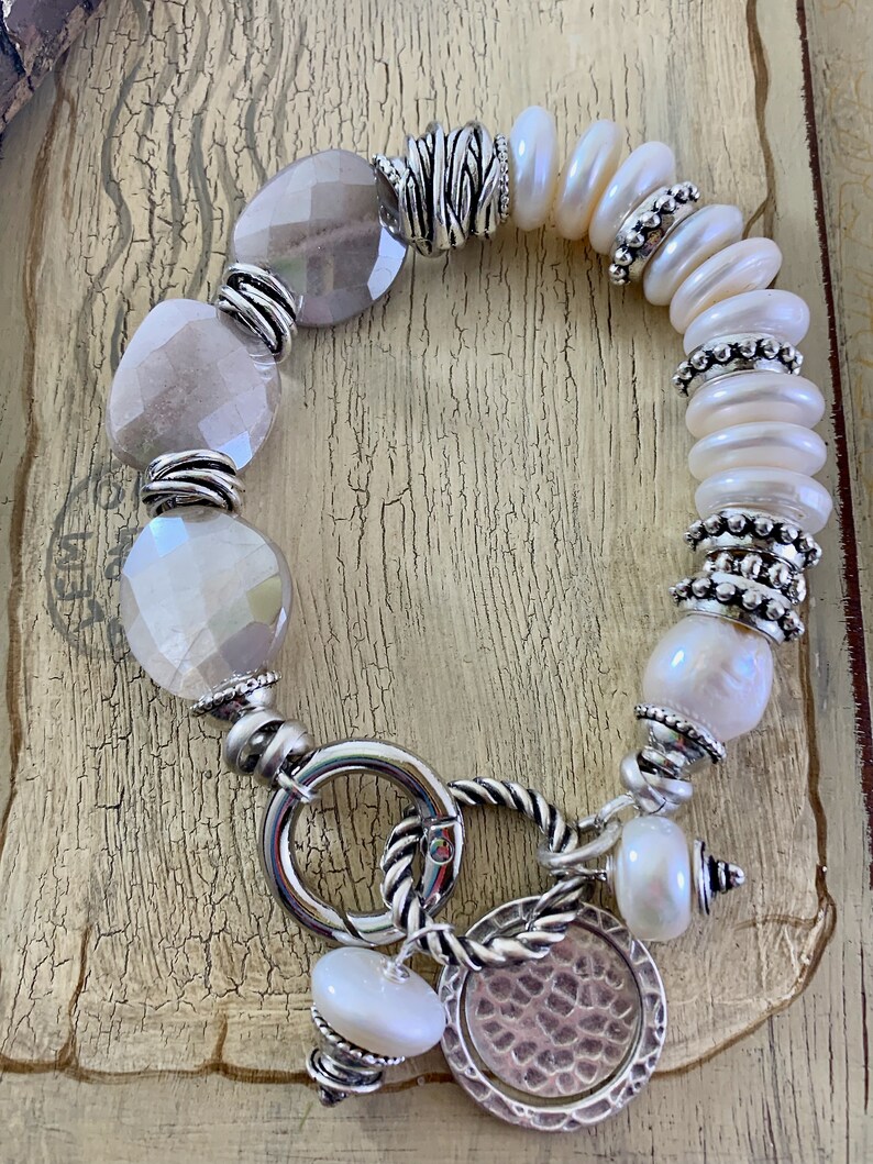 pearl bracelet artisan bracelet boho chic bracelet gift for her bracelet lobster closure chalcedony bracelet lobster claw bracelet
