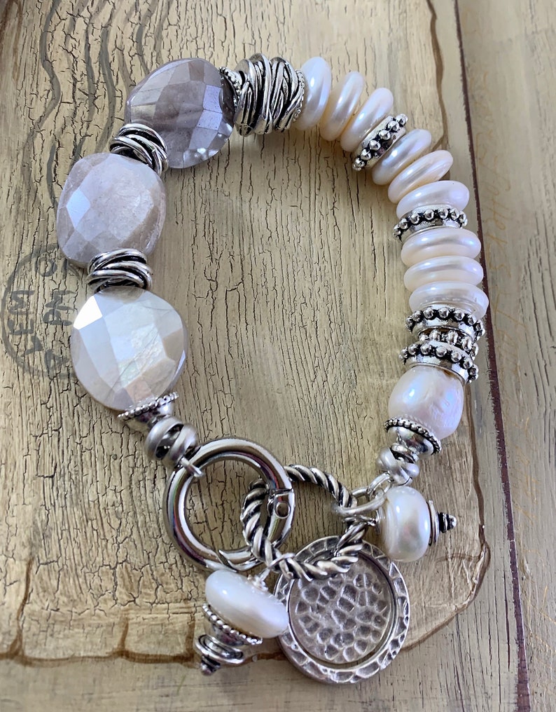 pearl bracelet artisan bracelet boho chic bracelet gift for her bracelet lobster closure chalcedony bracelet lobster claw bracelet