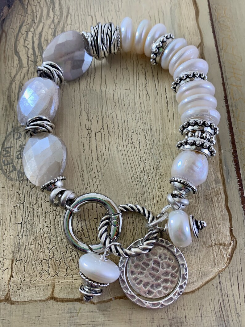 pearl bracelet artisan bracelet boho chic bracelet gift for her bracelet lobster closure chalcedony bracelet lobster claw bracelet