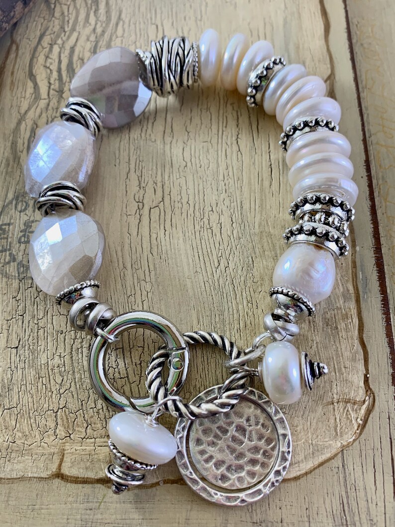 pearl bracelet artisan bracelet boho chic bracelet gift for her bracelet lobster closure chalcedony bracelet lobster claw bracelet