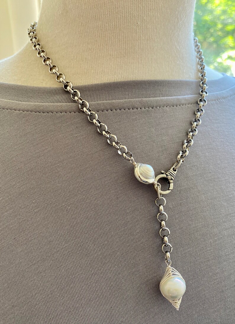 bridesmaids gift pearl necklace Christmas for her bohemian jewelry chain necklace artisan jewelry chain lariat Pearl lariat necklace