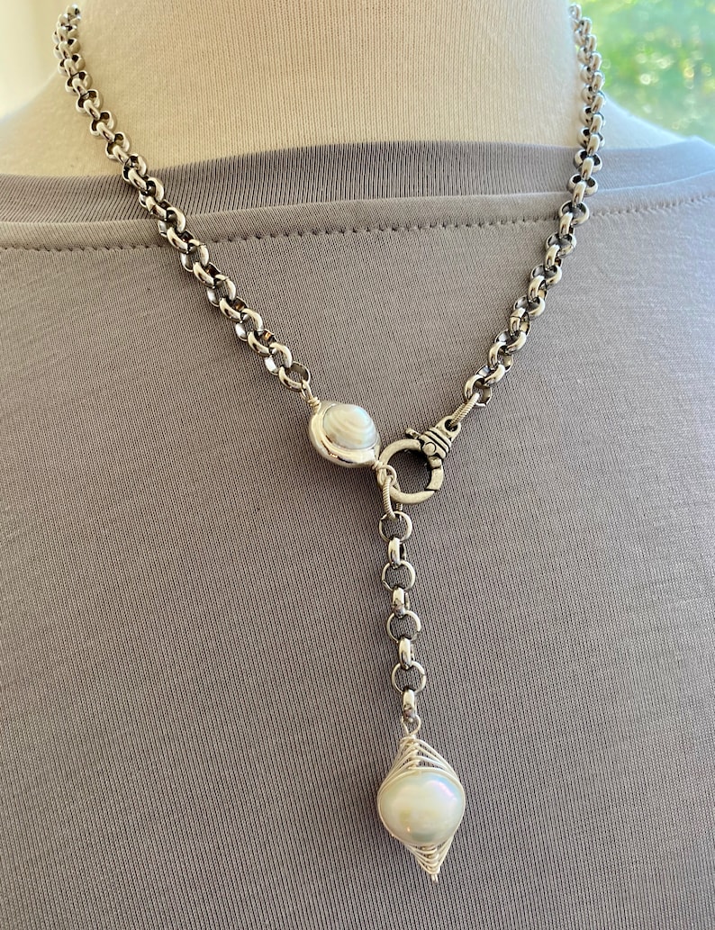 bridesmaids gift pearl necklace Christmas for her bohemian jewelry chain necklace artisan jewelry chain lariat Pearl lariat necklace