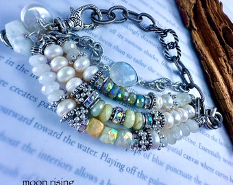 bracelet, Rainbow moonstone bracelet, aquamarine bracelet, lobster closure, pearl bracelet, moonstone bracelet, moonstone jewelry, quartz