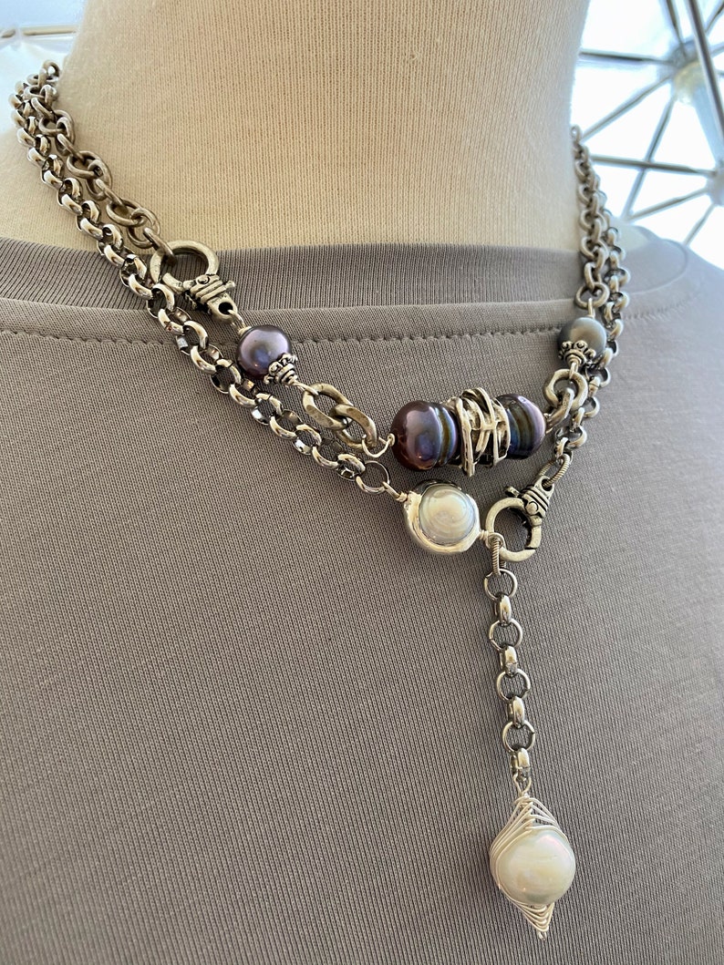 bridesmaids gift pearl necklace Christmas for her bohemian jewelry chain necklace artisan jewelry chain lariat Pearl lariat necklace