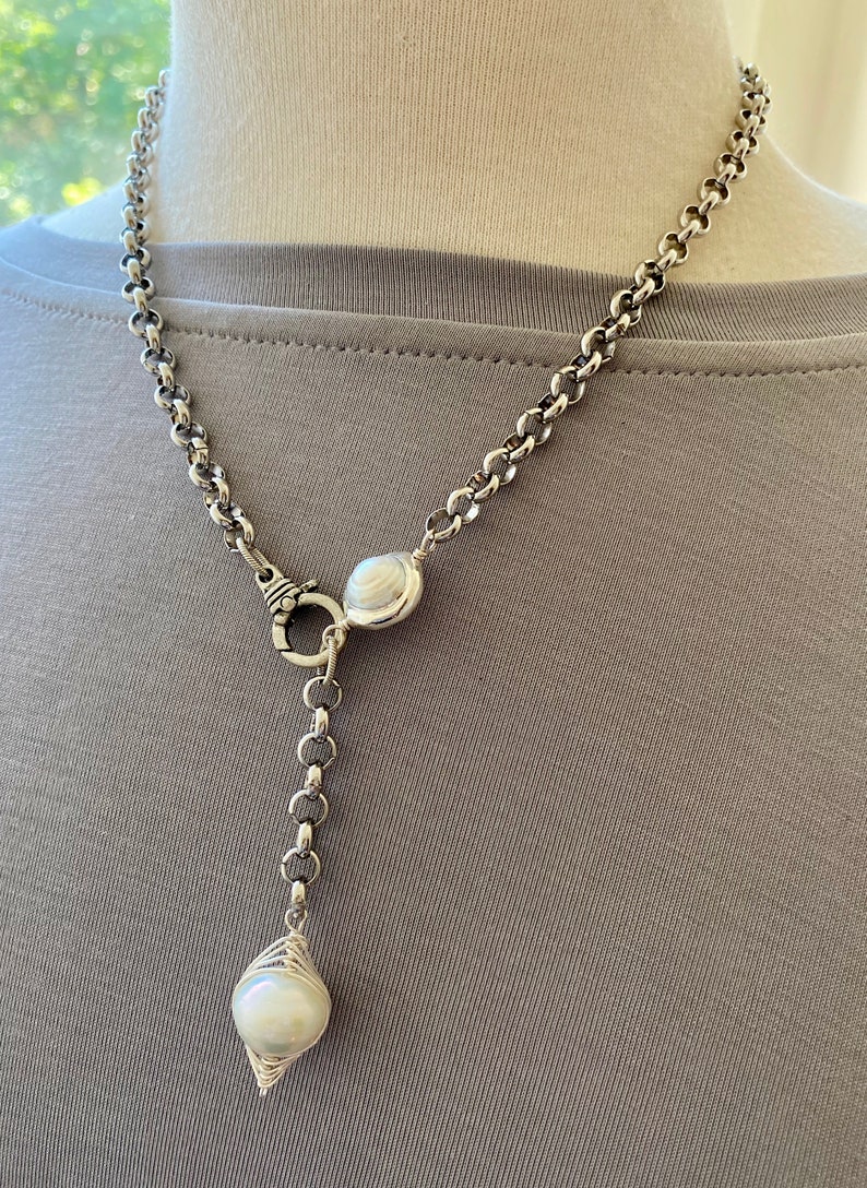 bridesmaids gift pearl necklace Christmas for her bohemian jewelry chain necklace artisan jewelry chain lariat Pearl lariat necklace