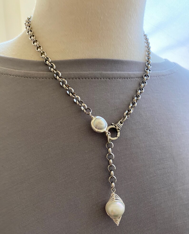 bridesmaids gift pearl necklace Christmas for her bohemian jewelry chain necklace artisan jewelry chain lariat Pearl lariat necklace