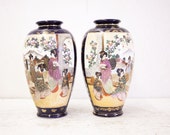 Beautiful Pair of Japanese Cobalt Satsuma Vases