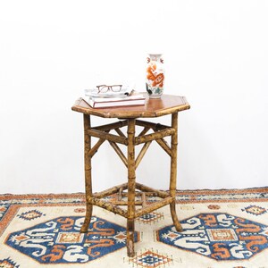 Octagonal Embossed Leather Top Bamboo Stretcher Table