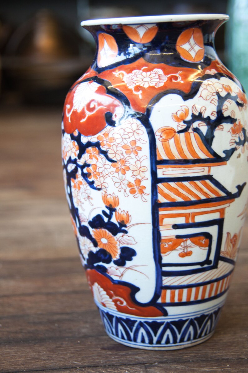 Japanese Blue Orange and White Porcelain Imari Vase Etsy