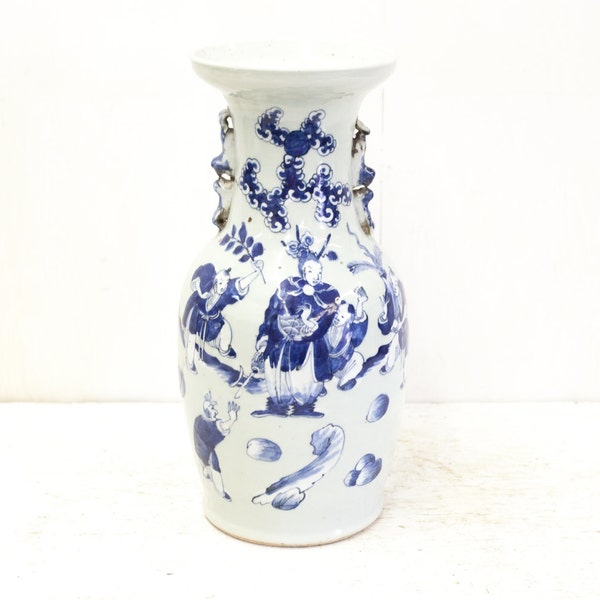 Chinese Blue and White Celadon Vase with Four Children Playing and Woman