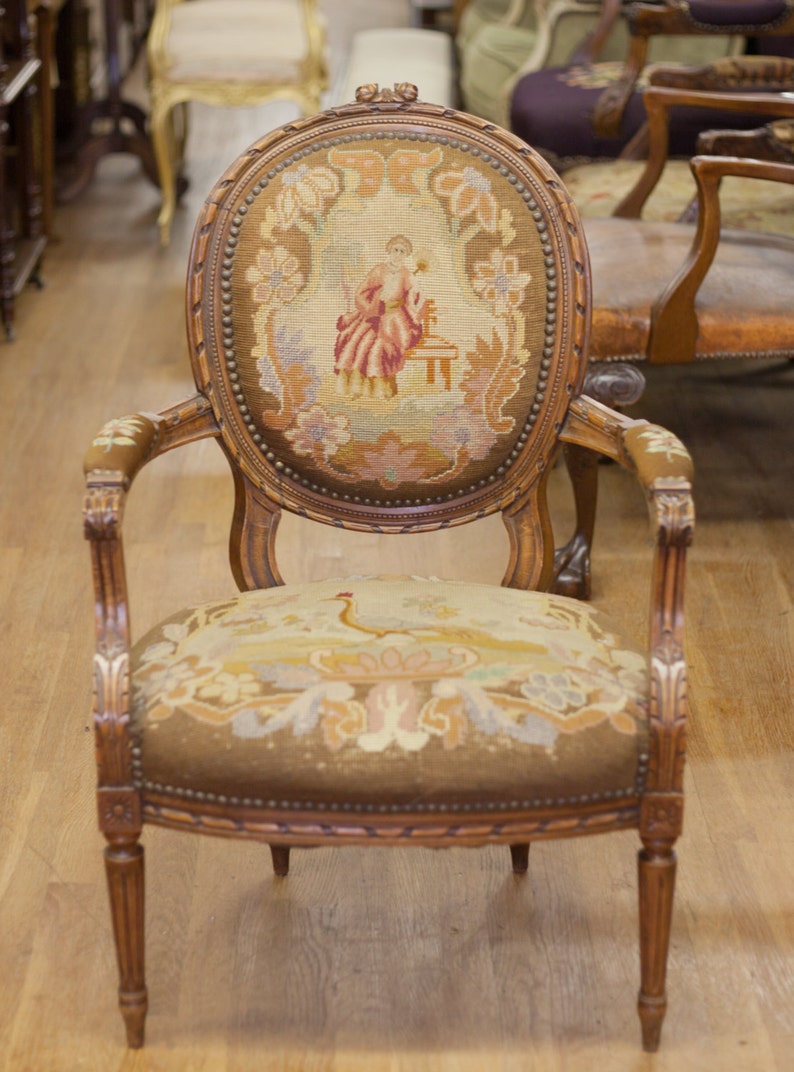Antique French Needlework with Petit Point Arm Chair Etsy
