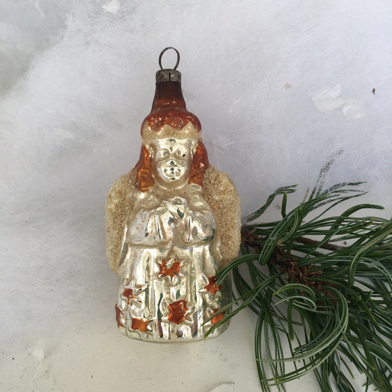 Antique blown glass German Christmas ornament~ angel with crown & mica wings early 1900s