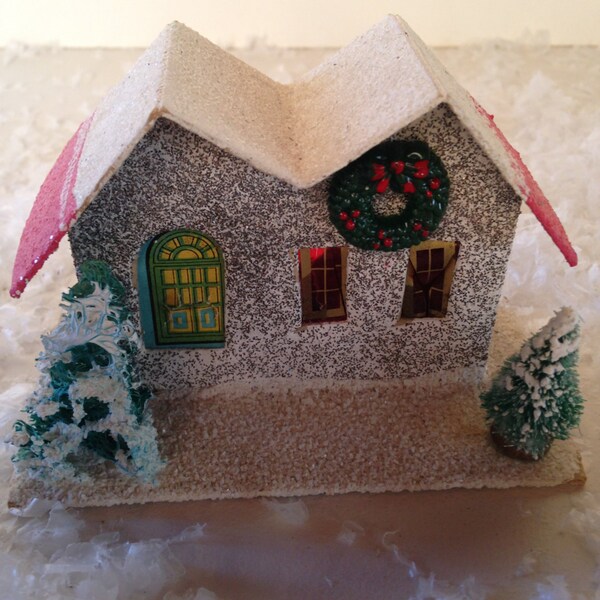 Two Christmas putz village houses vintage 1940s with bottle brush tree