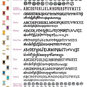 May include: A chart of different embroidery fonts with a color chart of thread colors. The fonts are labeled with names like "Circle", "Cotillion", "Etiquette", "Classic", "Whimsy", "Party Time", "Blackboard", "Tipsy", "Dottie", "Curly Q", and "Master Circle". The text at the bottom of the chart reads "Visit us online for all our personalized items: www.initiallyyoursandmore.com".