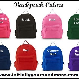 May include: Eight different colored backpacks with zippered pockets. The colors are shocking pink, black, pink, forest green, navy, red, century blue, and regal purple.