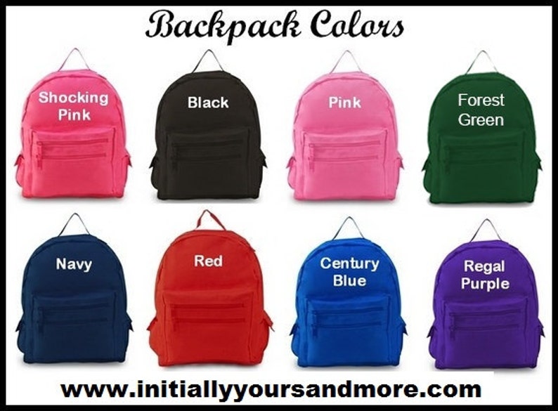 May include: Eight different colored backpacks with zippered pockets. The colors are shocking pink, black, pink, forest green, navy, red, century blue, and regal purple.