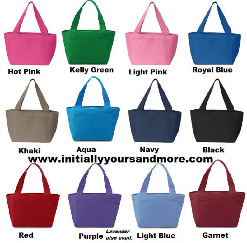 May include: A set of 12 insulated lunch bags in various colors, including hot pink, kelly green, light pink, royal blue, khaki, aqua, navy, black, red, purple, light blue, and garnet. The bags have a simple design with a single pocket on the front and a top handle.