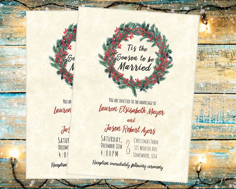 Christmas Wedding Invitation Set Reception Red and Green Berry Christmas Wreath Wedding Invitations RSVP Thank you Card Printables